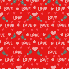 Valentines Day romantic seamless pattern with hearts, cupids, crystals, cupcakes.