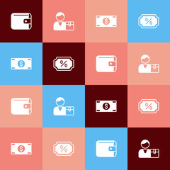 Set pop art Wallet, Buyer, Stacks paper money cash and Discount percent tag icon. Vector