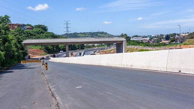 New Highway Road Lane Bridge Barriers Halfway Construction Infrastructure.