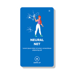 Neural net artificial network learning. brain machine. neuron data. technology science character web flat cartoon illustration