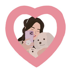 Happy korean girl taking a selfie photo with one hand holding cell phone and in the other hand holding her dog. Animal Lover Concept.