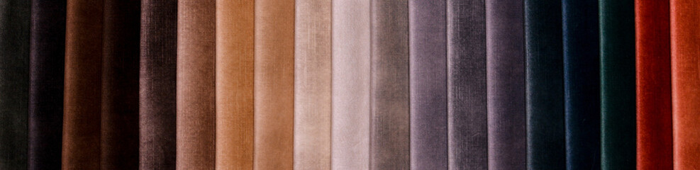 Samples of furniture fabrics.Multicolor fabric texture background.Velours.Banner.