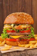 hamburger on a wooden table