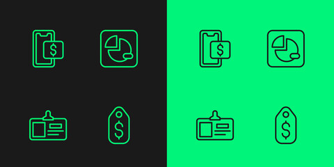 Set line Price tag with dollar, Identification badge, Mobile shopping and Pie chart infographic icon. Vector