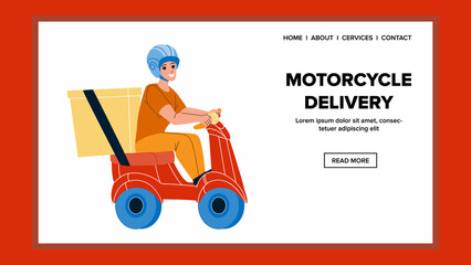 Motorcycle delivery food scooter. courier service. fast men. free order. motorbike pizza character web flat cartoon illustration