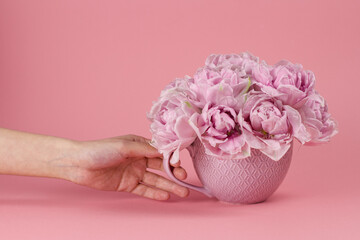 Florist making a bouquet. Tulips in vase on pink background