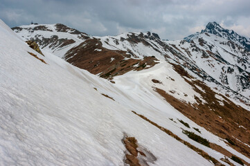 Snow and ice on the mountain ridge. Tatra Mountains.