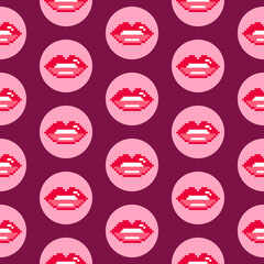 Valentine's retro 8-bit pixel lips circles burgundy pattern