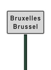 Vector illustration of the City of Brussels (Bruxelles in French and Brussel in Dutch) white road sign on green metallic post