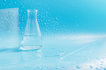 Empty podium with glass labware, flask bowl platform. Research and development of cosmetics in the...