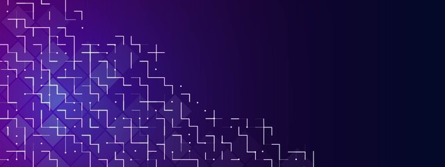 Neon abstract purple background frame. Pattern of cells, geometric shapes, rhombuses, circles, lines, dots. Stars. Maze design. Poster for technology, medicine, social networks, business. Vector