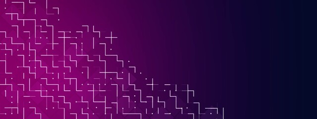 Neon abstract purple background frame. Pattern of cells, geometric shapes, rhombuses, circles, lines, dots. Stars. Maze design. Poster for technology, medicine, social networks, business. Vector