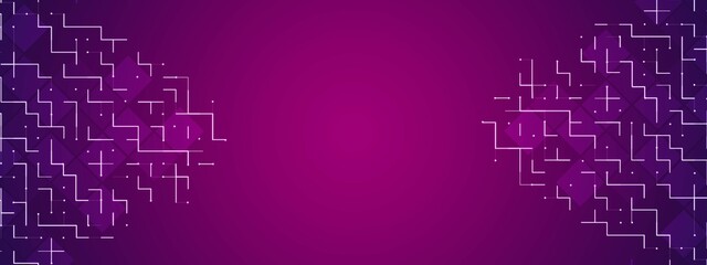 Neon abstract purple background frame. Pattern of cells, geometric shapes, rhombuses, circles, lines, dots. Stars. Maze design. Poster for technology, medicine, social networks, business. Vector