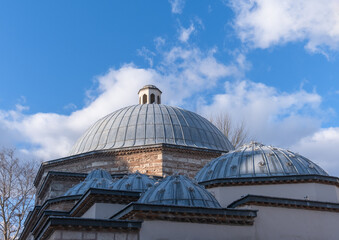 Historical Turkish bath dome and brick wall. Kilic Ali Pasa Hamami. Istanbul, Turkey.
