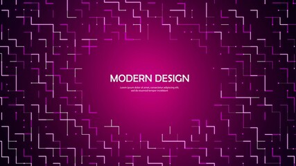 Neon abstract purple background frame. Design of cells, geometric shapes, circles, lines, dots. Stars. Pattern of the maze. Poster for technology, medicine, social networks, business. Vector 