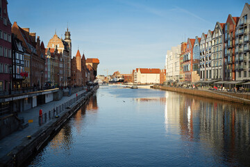 Poland. Beautiful view of the Old Town in Gdansk. Motlava river embankment