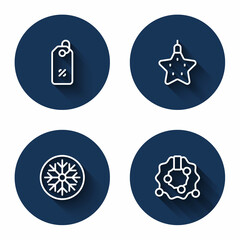 Set line Discount percent tag, Christmas star, Snowflake and wreath with long shadow. Blue circle button. Vector