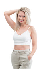 Fototapeta premium Beautiful blonde in jeans in the studio on a light background.
