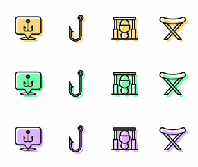 Set line Campfire and pot, Fishing hook, and Camping folding chair icon. Vector