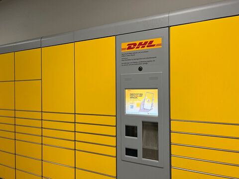 DHL Packstation for pick up and sending parcels - SAARBRUECKEN, GERMANY - JANUARY 20, 2022