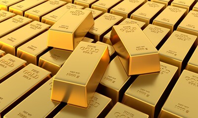 Gold ingots close up. Gold bars, the weight of a gold bar is 1000 grams. Wealth and reserve concept. Business and finance success concept. 3d rendering