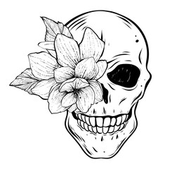 Human skull with flowers in eye socket, monochrome vector illustration, tattoo template