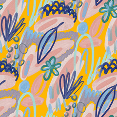 Naklejka premium Watercolor abstract seamless pattern. Creative texture with bright abstract hand drawn elements. Abstract colorful print. 