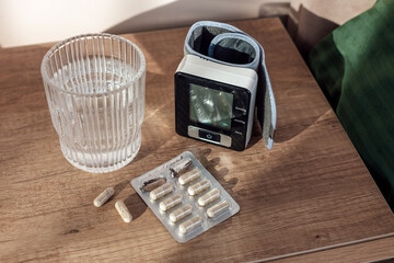 Obraz premium Pills capsules, glass of water and digital Blood Pressure Monitor on wooden background