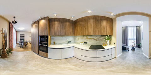 full 360 hdr panorama in interior of small kitchen with served table in seating area in modern flat...