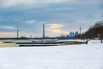 An almost empty snowy  off leash dog park on the shore of Lake Ontario in winter shot in late afternoon.