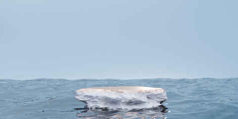 3D realistic stone podium on water background. Empty pedestal for the presentation. Poster for cosmetic products. Background with crystal clear water of light blue color. 3D render