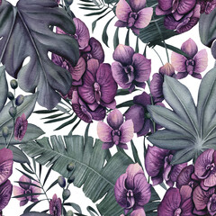 Seamless Pattern of Watercolor Orchids and Tropical Foliage