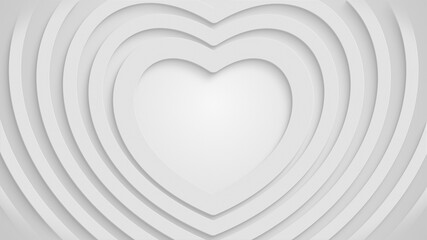 Simple modern white hearts move from the center with soft shadows. Outline neumorphism shape background. Digital gift card. Happy Valentine's day. Mother's day. Happy Birthday