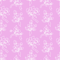 Vector seamless pattern with sakura on pink background. Spring, botanical, floral, festive hand painted print.Design for wrapping paper, textiles, fabric, wallpaper, packaging.