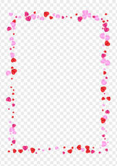 Pink Heart Background Transparent Vector. Falling Illustration Confetti. Tender Birthday Frame. Violet Heart Drop Texture. Fond Greeting Pattern.