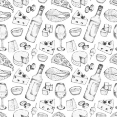 Wine and food seamless vector pattern. Restaurant and cafe menu design.