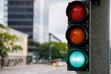 Traffic sign  on the metal  post. Green traffic light.