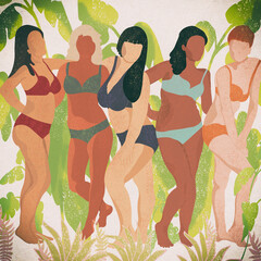 5 kobiet w strojach kąpielowych różne kolory skóry i sylwetki na roślinnym tle