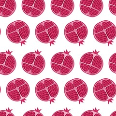 Seamless pattern cut pomegranate, half fruit with stones, bright isolated pomegranate on a white background