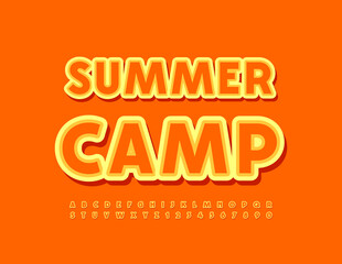 Fototapeta na wymiar Vector sunny emblem Summer Camp. Sticker Alphabet Letters and Numbers set. Bright creative Font