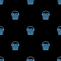 cupcake seamless pattern, bright vector illustration on black background.