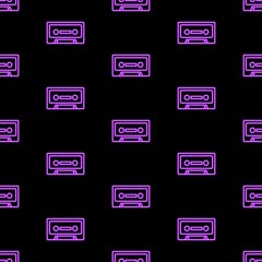 audio cassette seamless pattern, bright vector illustration on black background.