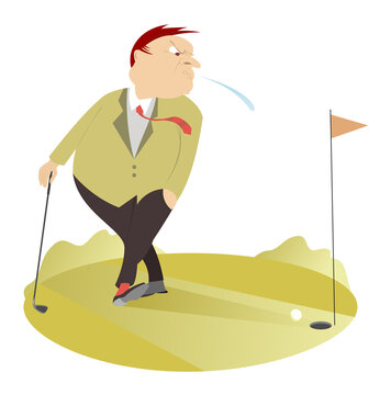 Upset golfer on the golf course illustration. 
Bad kick. Cartoon angry golfer man spitting to the golf flag 
