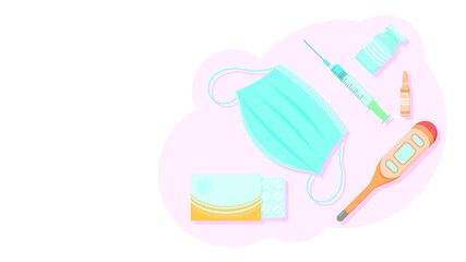 Abstract Flat Cartoon Syringe With  Vaccine, Mask, Thermometer And Medicines Covid 19 Vector Design Style Element Medicine Isolated Injection Concept Healthcare