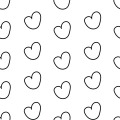 Vector seamless Valentine's Day pattern with black line on white background. Spring, botanical, floral, festive hand painted print.Design for wrapping paper, textiles, fabric, wallpaper, packaging.