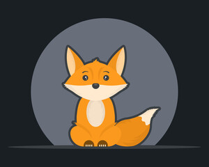 A cute image of a cartoon red fox. A simple picture of a sitting animal. Vector illustration on a dark circle background.