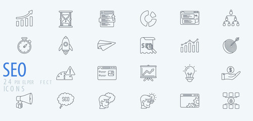 SEO Search Engine Optimization web icon for the report, analytics, data, marketing, idea, stats. Vector Outline Icons