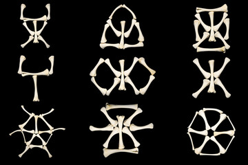 Occult symbols made of bones isolated on a black background. Animal bones. Witchraft and black...