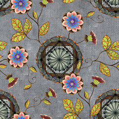 Decorative flowers with mandala on the canvas background. Seamless pattern.