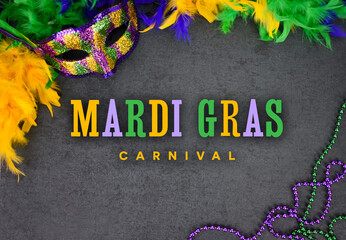 Mardi Gras Carnival Celebration Card Design Illustration with Masquerade Party Mask, Feather Boa...